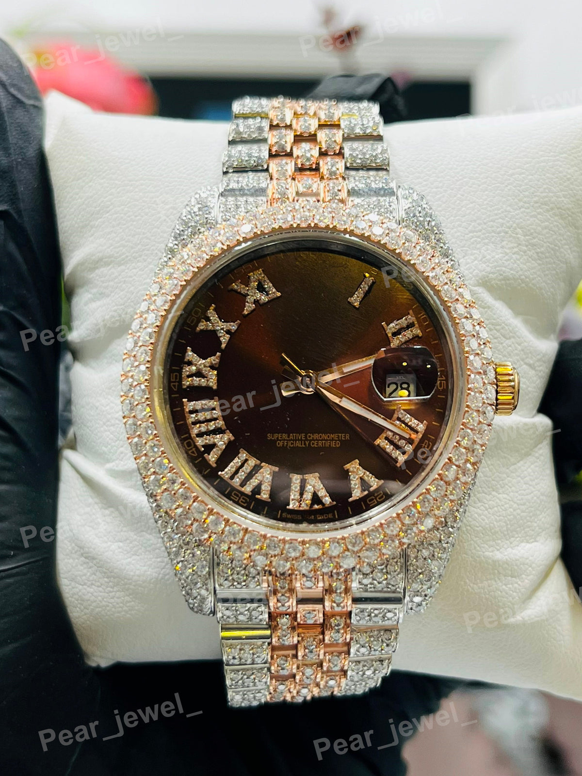 Iced Out Brown Roman Case Dial Moissanite Diamond Bust Down Watch
