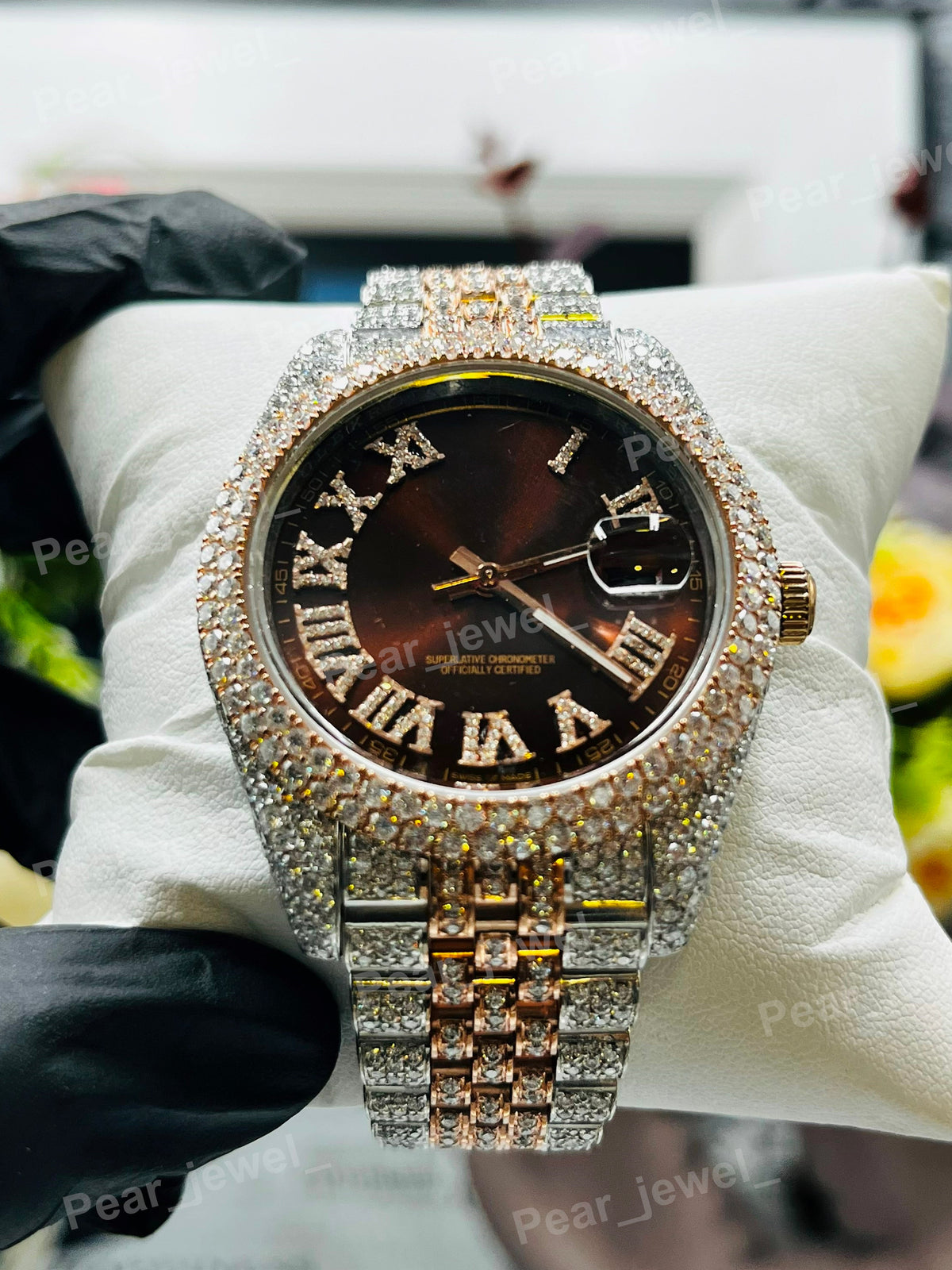 Iced Out Brown Roman Case Dial Moissanite Diamond Bust Down Watch