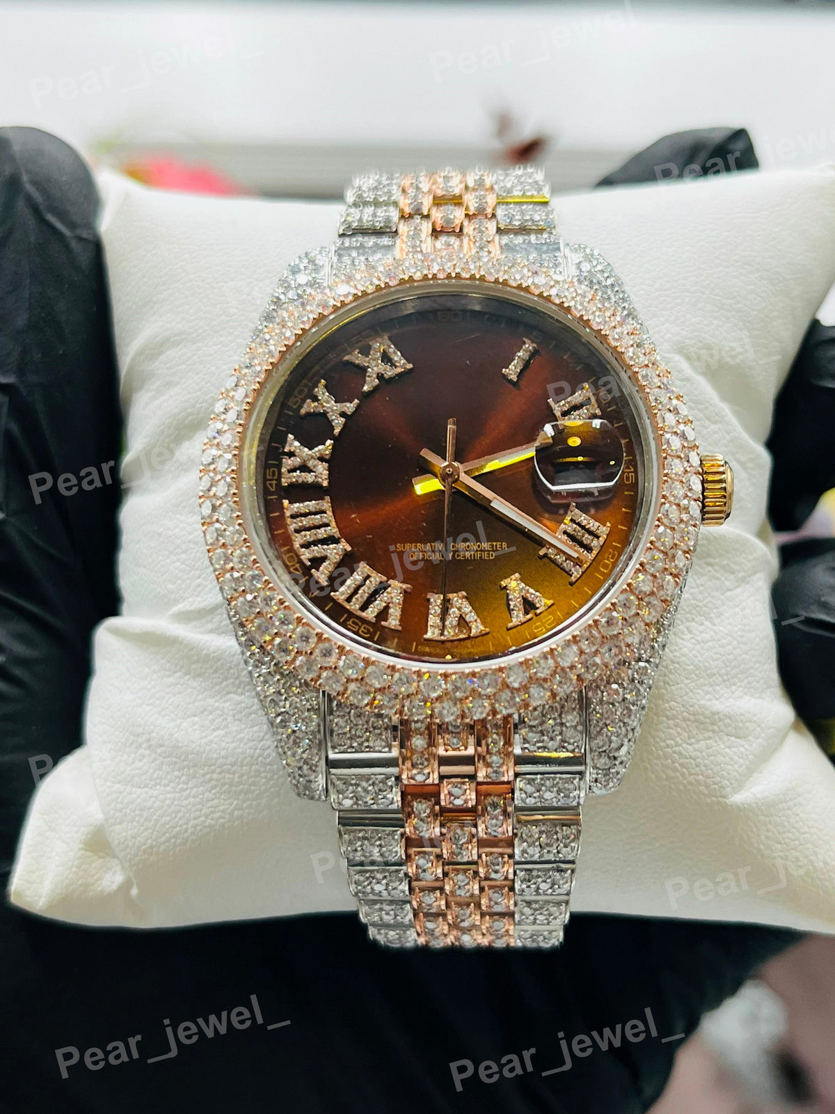 Iced Out Brown Roman Case Dial Moissanite Diamond Bust Down Watch