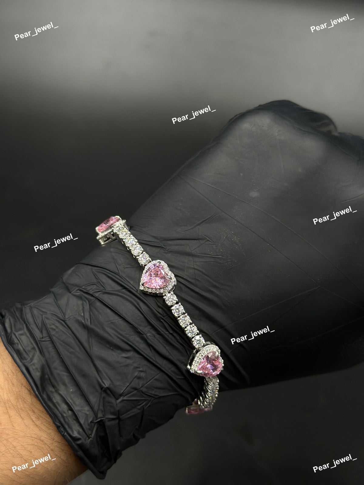 Pink Heart Color Stone Accent Tennis Bracelet VVS Moissanite Dimaond Look Silver