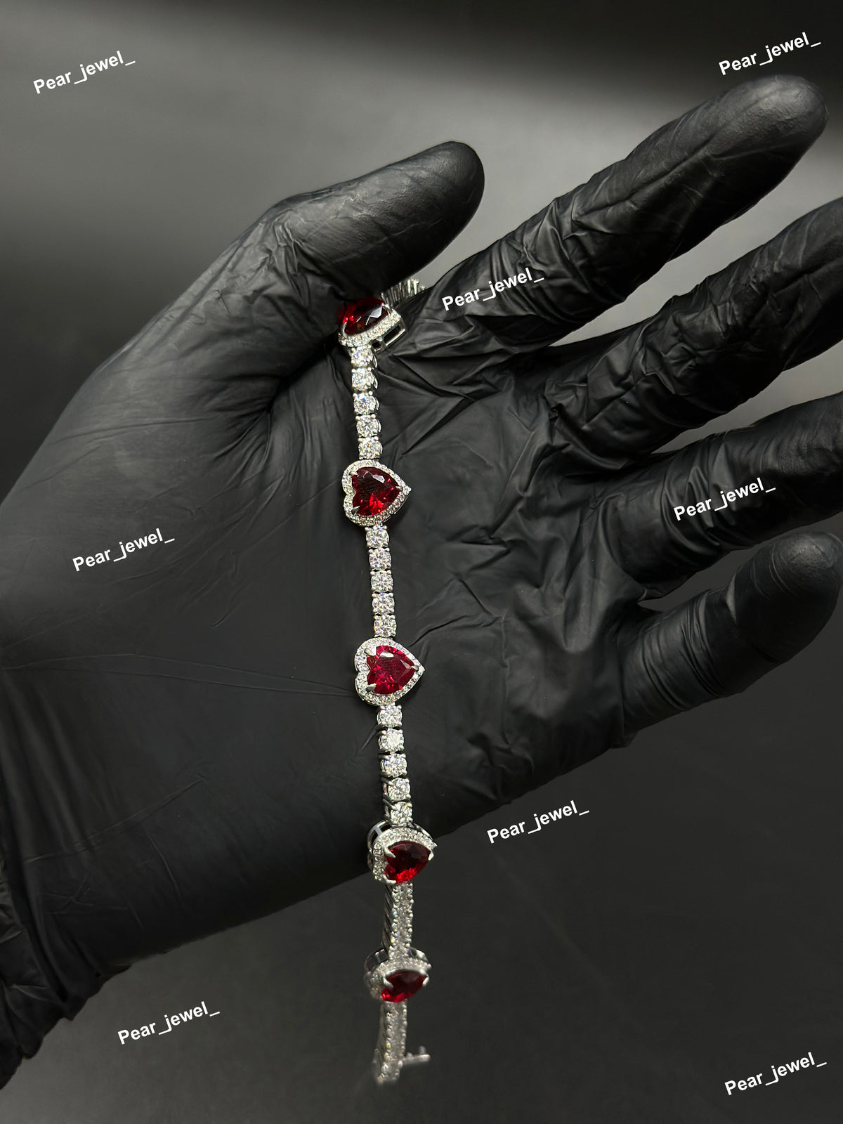 Red Heart Cut Accent Tennis Bracelet VVS Moissanite Dimaond Look Silver Shine