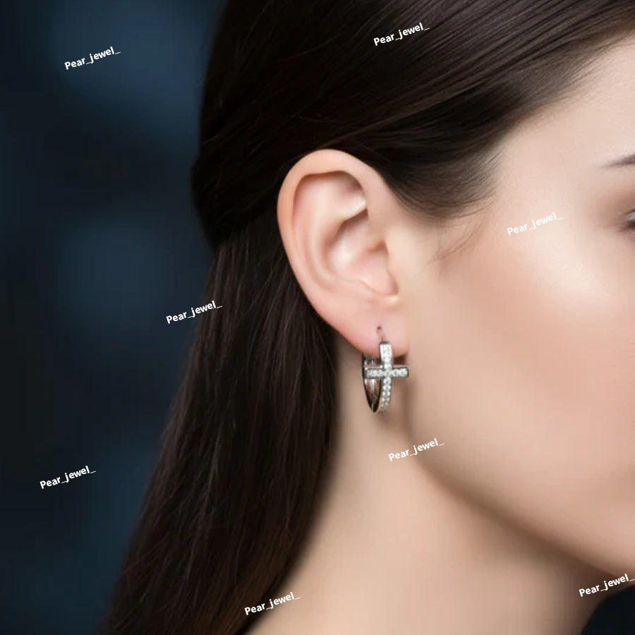 Cross Desgin Iced Out Hoop Earring Diamond Look Faith Jewelry Shine