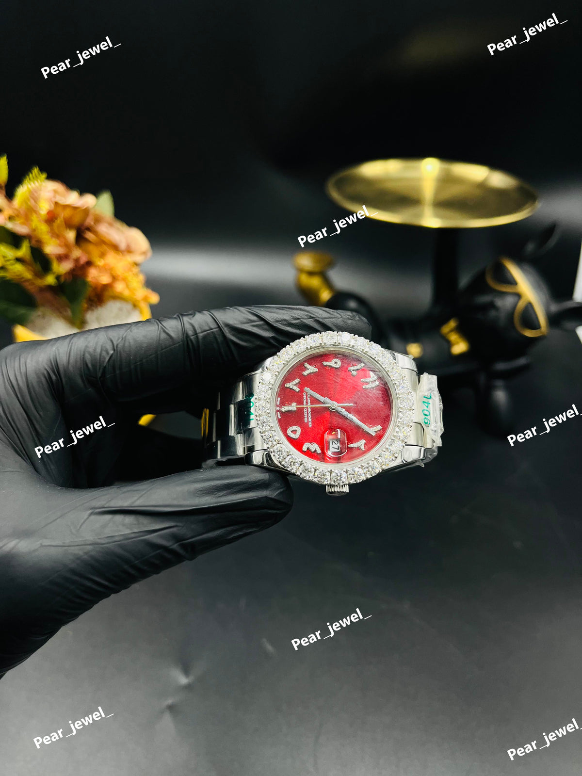 Iced Out Moissanite Diamond Stainless Steel Watch With Red Dial