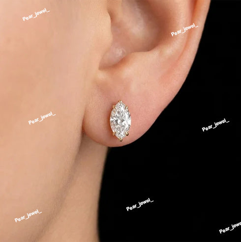 Marquise Cut Solitaire Stud Earring Gold Tone Diamond Look Elegant Shine