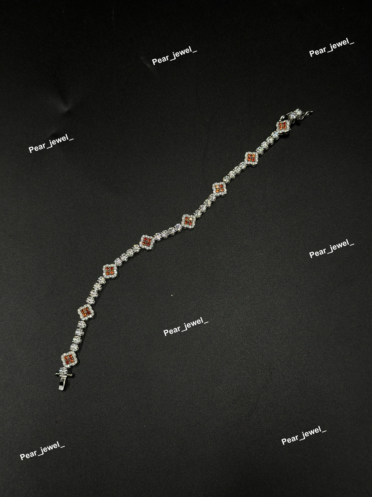 Orange Accent Iced Out Clover Tennis Bracelet Moissanite Diamond Look