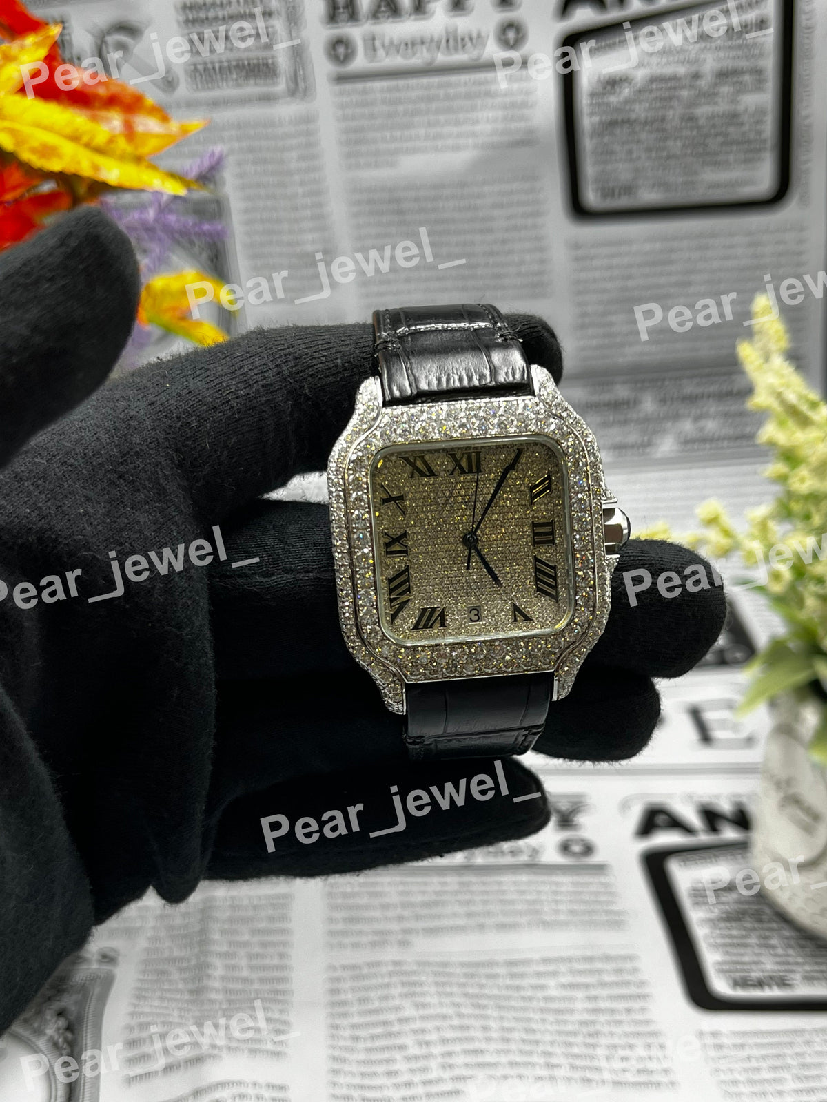 Iced Out Stainless Steel Roman Case Dial VVS Moissanite Diamond Wrist Watch