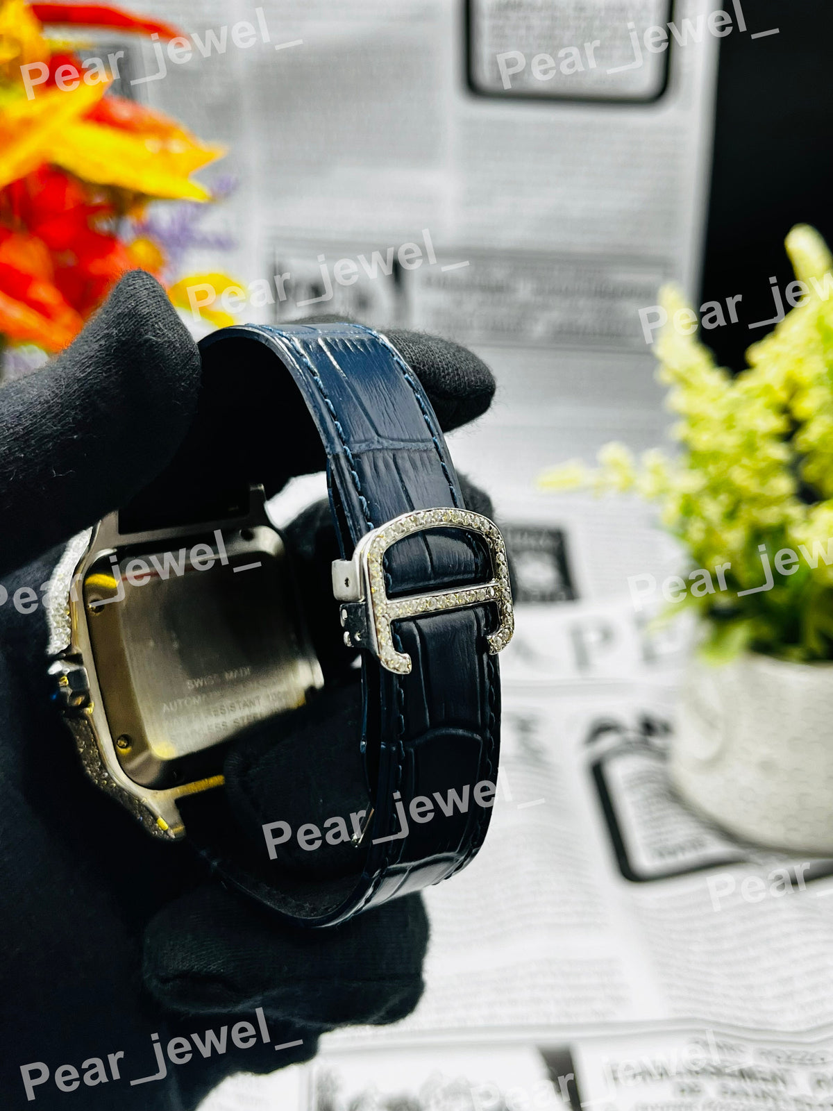 Bust Down Stainless Steel Arabic Dial Leather Band HipHop Iced Out Watch