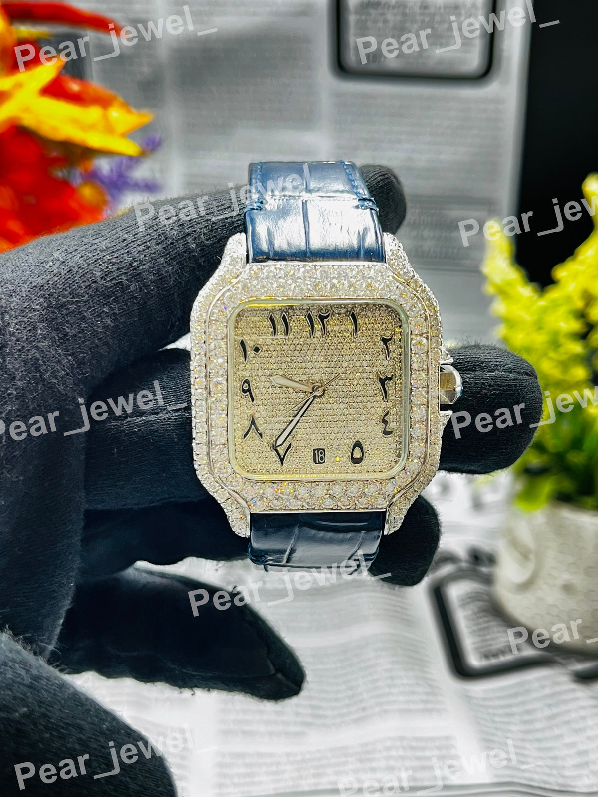 Bust Down Stainless Steel Arabic Dial Leather Band HipHop Iced Out Watch