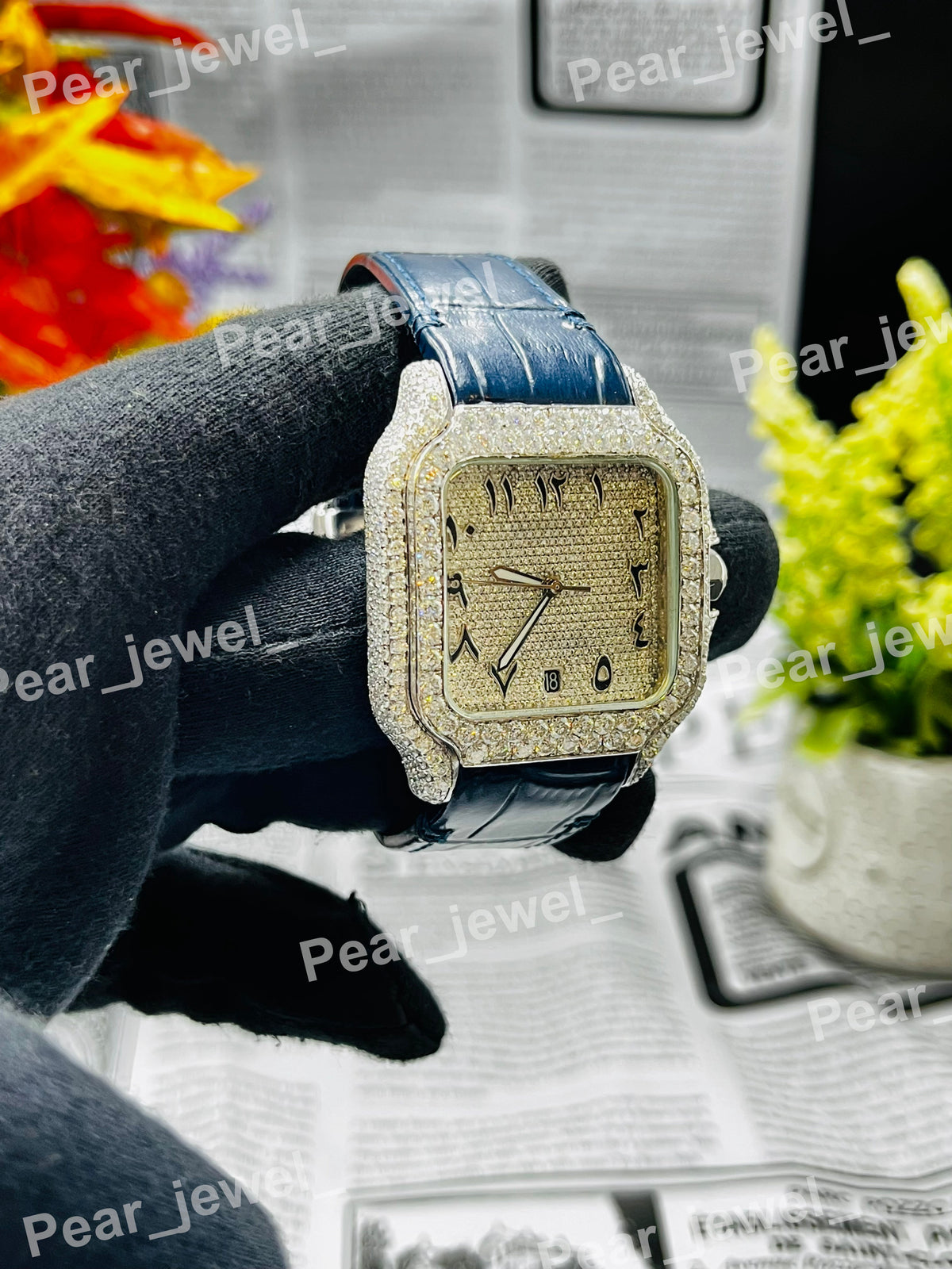 Bust Down Stainless Steel Arabic Dial Leather Band HipHop Iced Out Watch