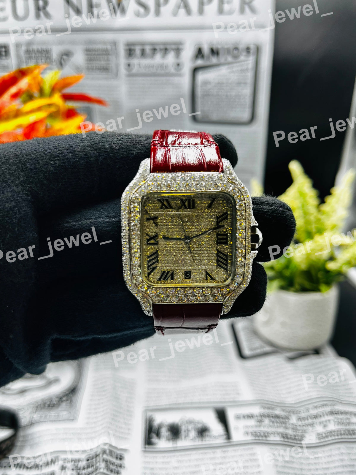 Stainless Steel Iced Out Leather Belt Diamond Wrist Watch For Unisex