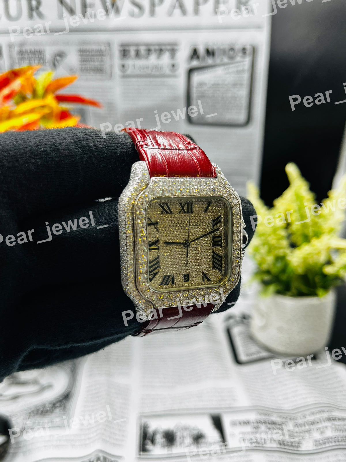 Stainless Steel Iced Out Leather Belt Diamond Wrist Watch For Unisex