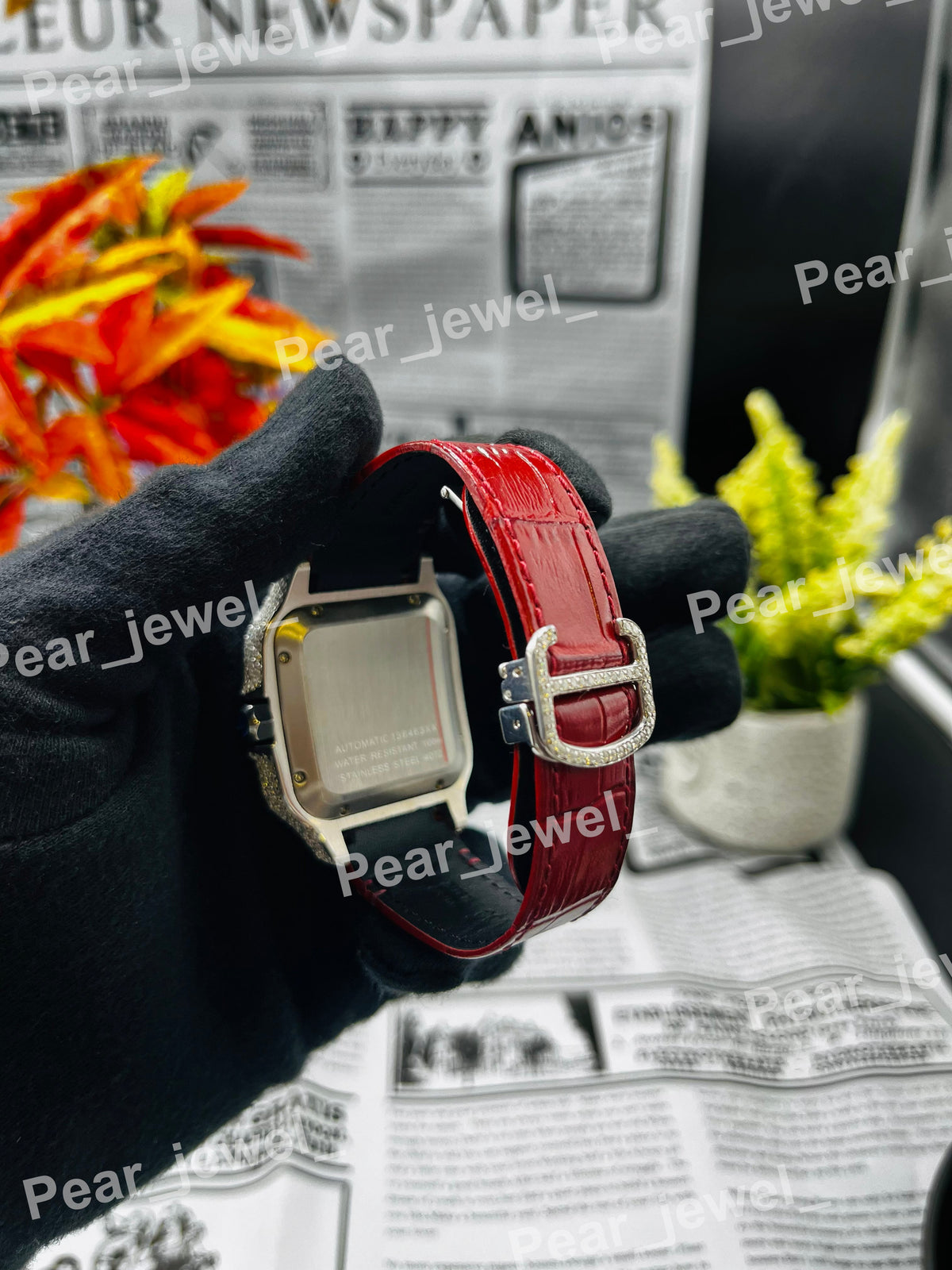 Stainless Steel Iced Out Leather Belt Diamond Wrist Watch For Unisex