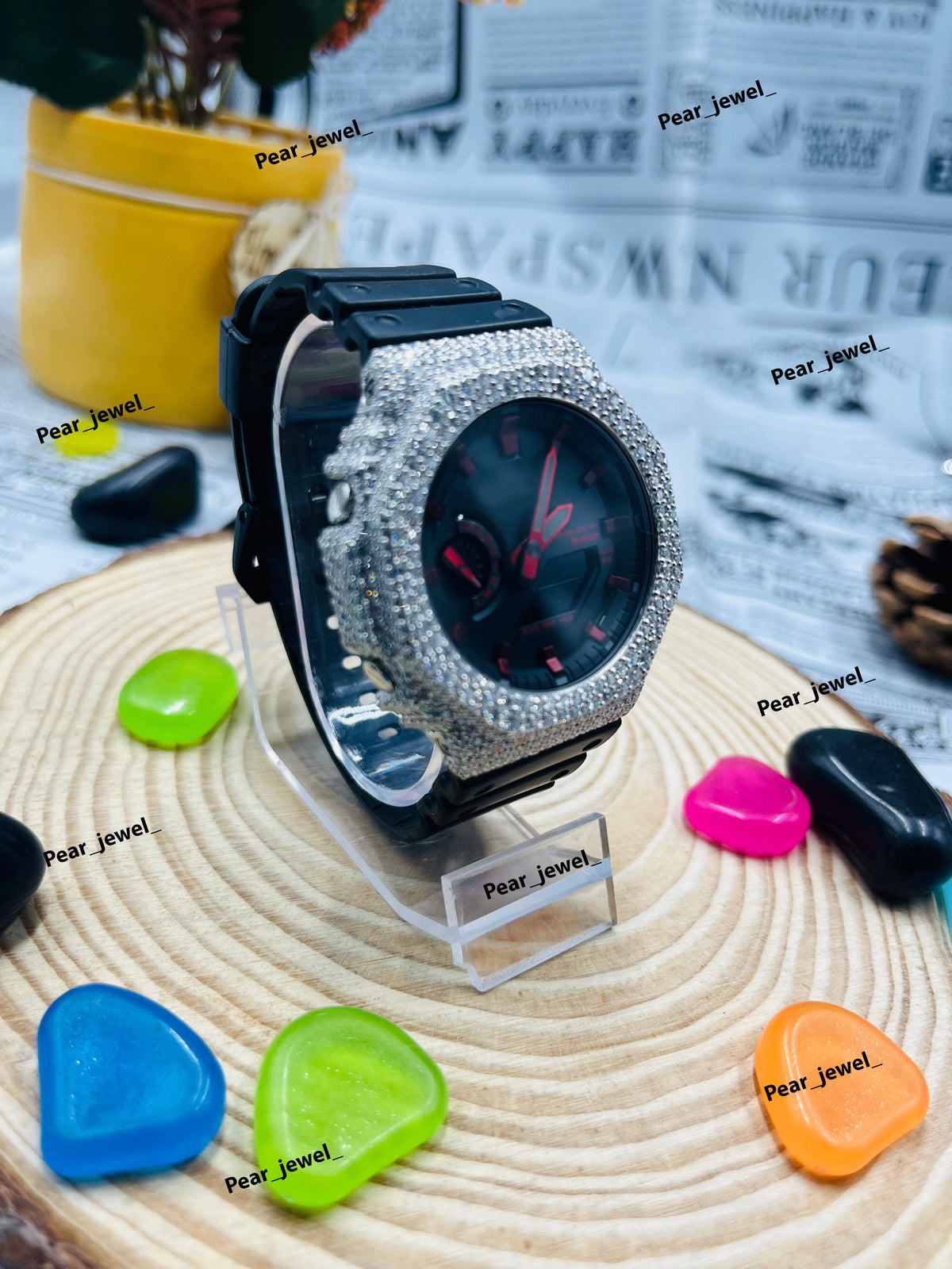 Iced Out Black Analog Watch Moissanite Diamond Look Bezel Luxury Street style