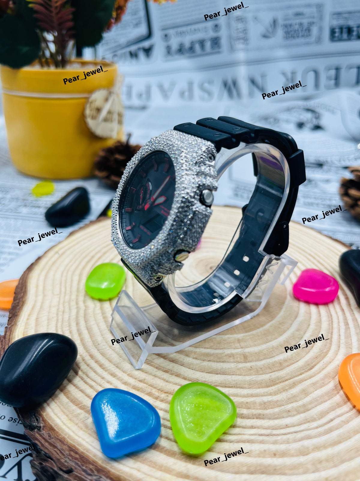 Iced Out Black Analog Watch Moissanite Diamond Look Bezel Luxury Street style