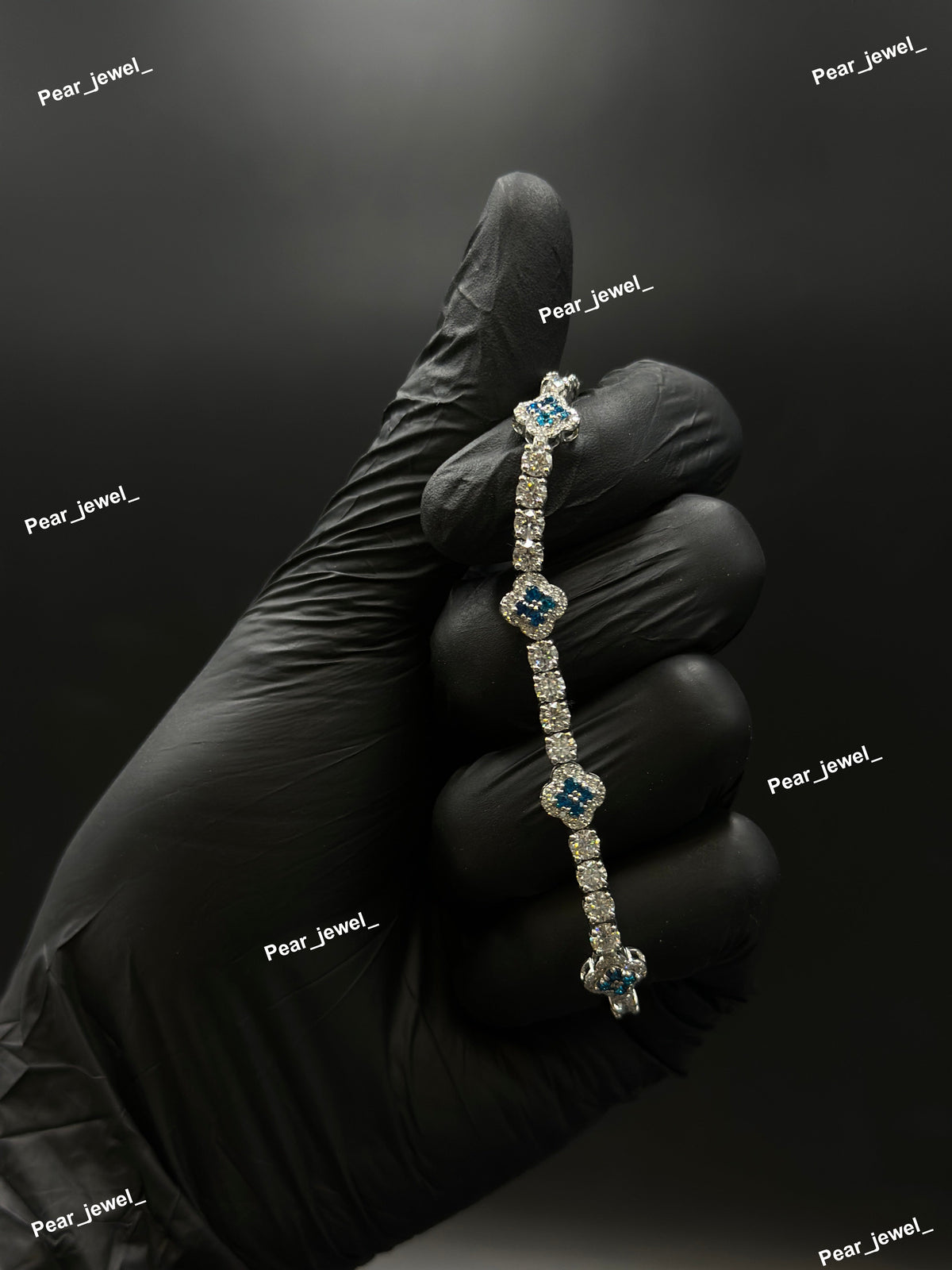Blue Accent Iced Out Clover Tennis Bracelet VVS Moissanite Diamond Look Silver Shine