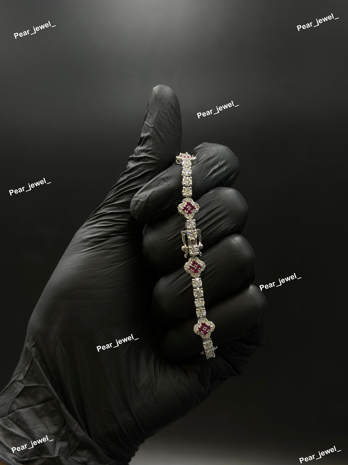 Pink Accent Iced Out Clover Tennis Bracelet VVS moissanite Diamond Jewelry