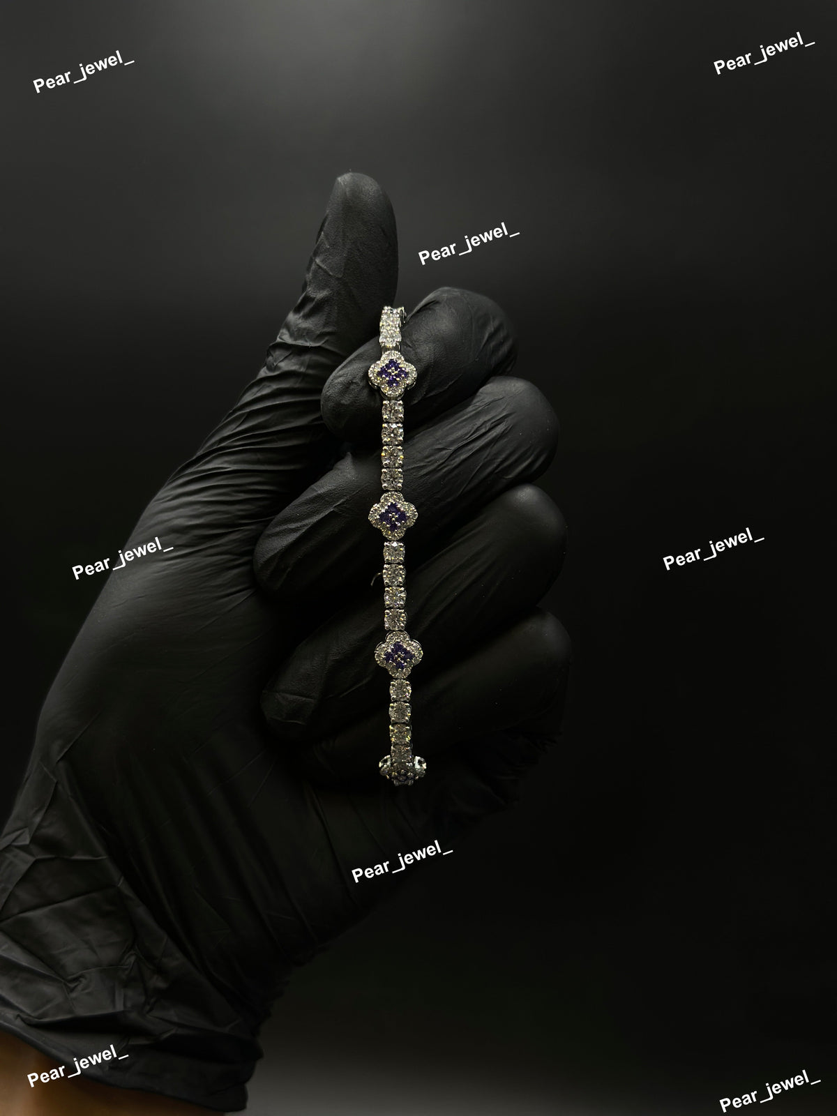 Purple Accent Iced Out Tennis Clover Bracelet VVS Moissanite Dimaond Look Silver Shine