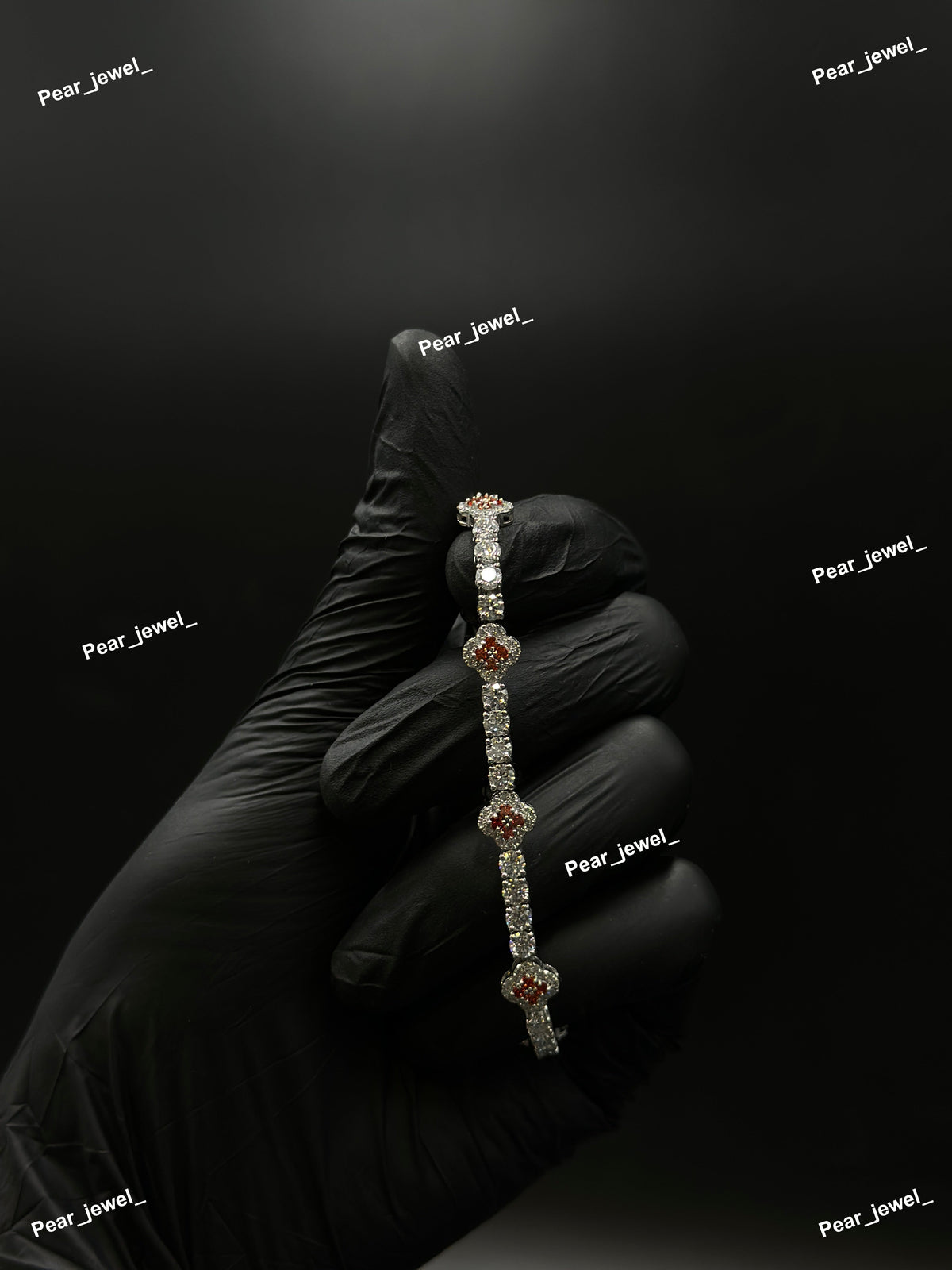 Orange Accent Iced Out Clover Tennis Bracelet Moissanite Diamond Look