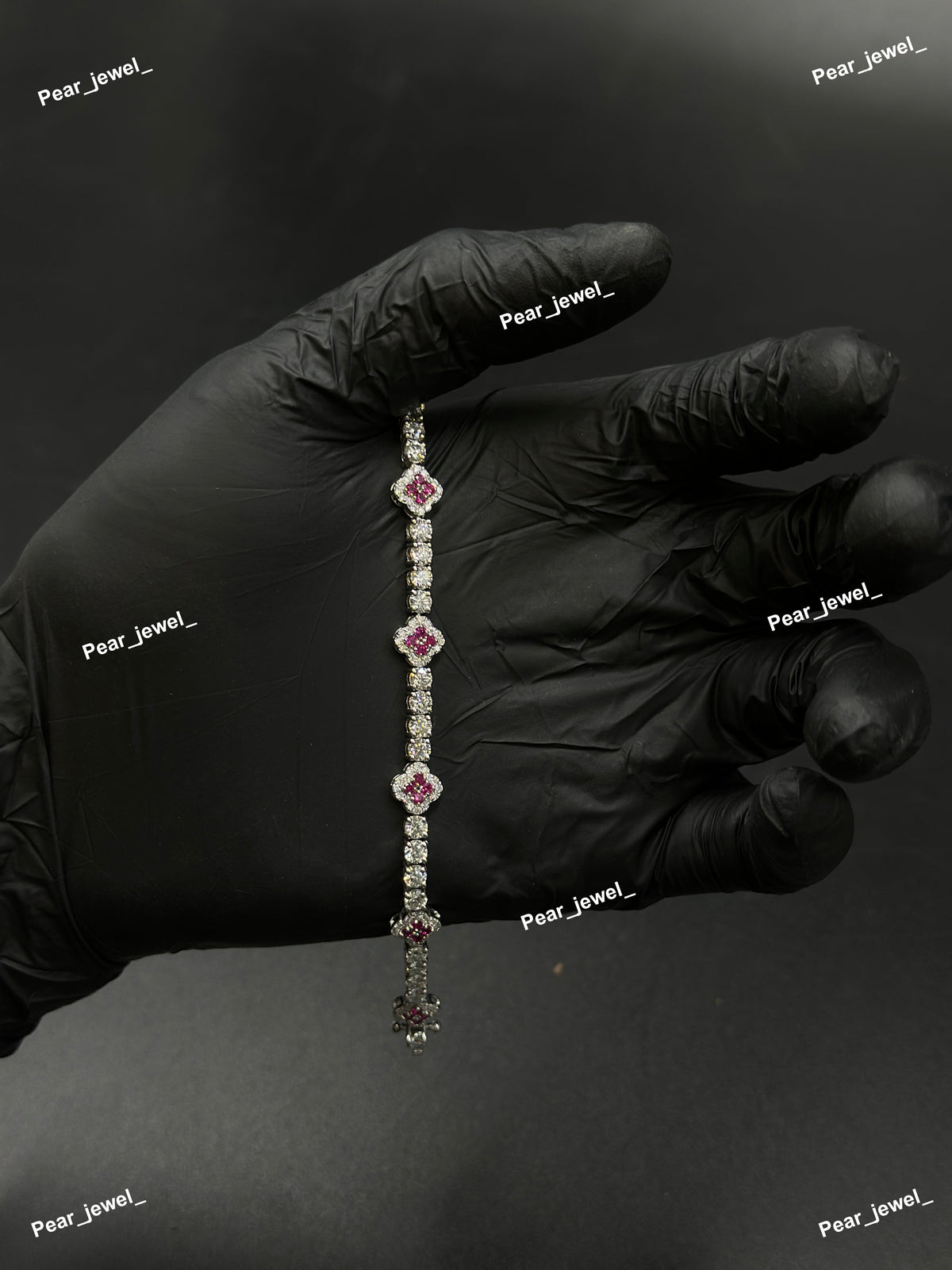 Pink Accent Iced Out Clover Tennis Bracelet VVS moissanite Diamond Jewelry