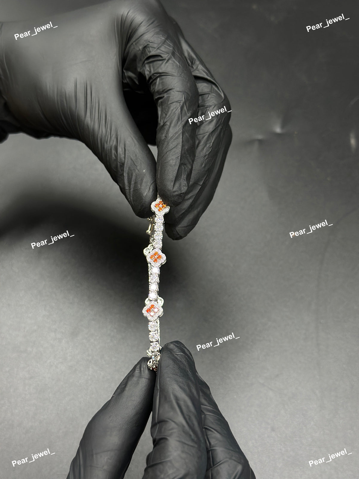 Orange Accent Iced Out Clover Tennis Bracelet Moissanite Diamond Look