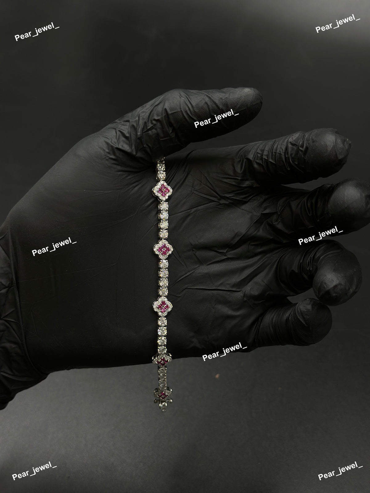 Pink Accent Iced Out Clover Tennis Bracelet VVS moissanite Diamond Jewelry