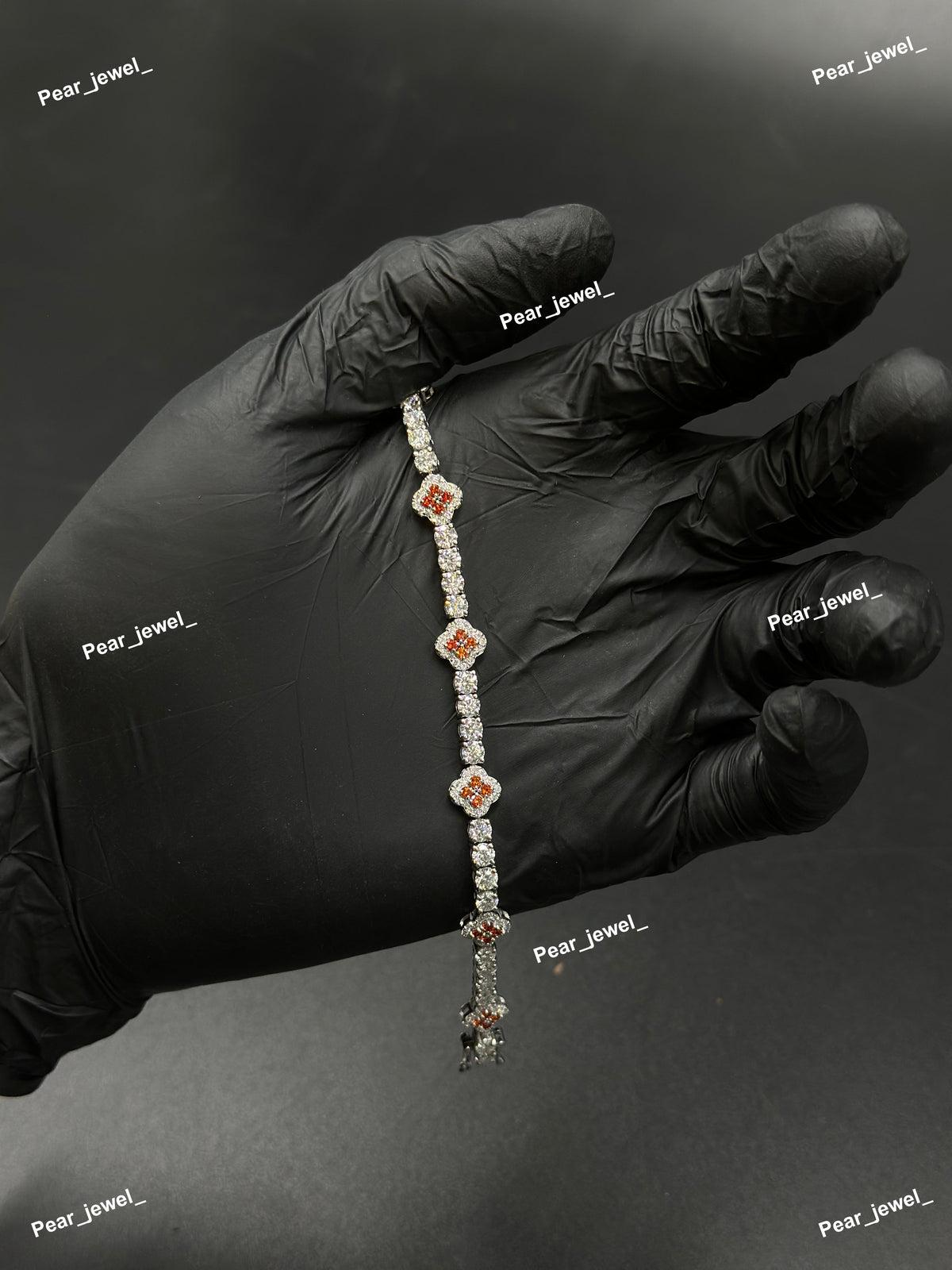 Orange Accent Iced Out Clover Tennis Bracelet Moissanite Diamond Look