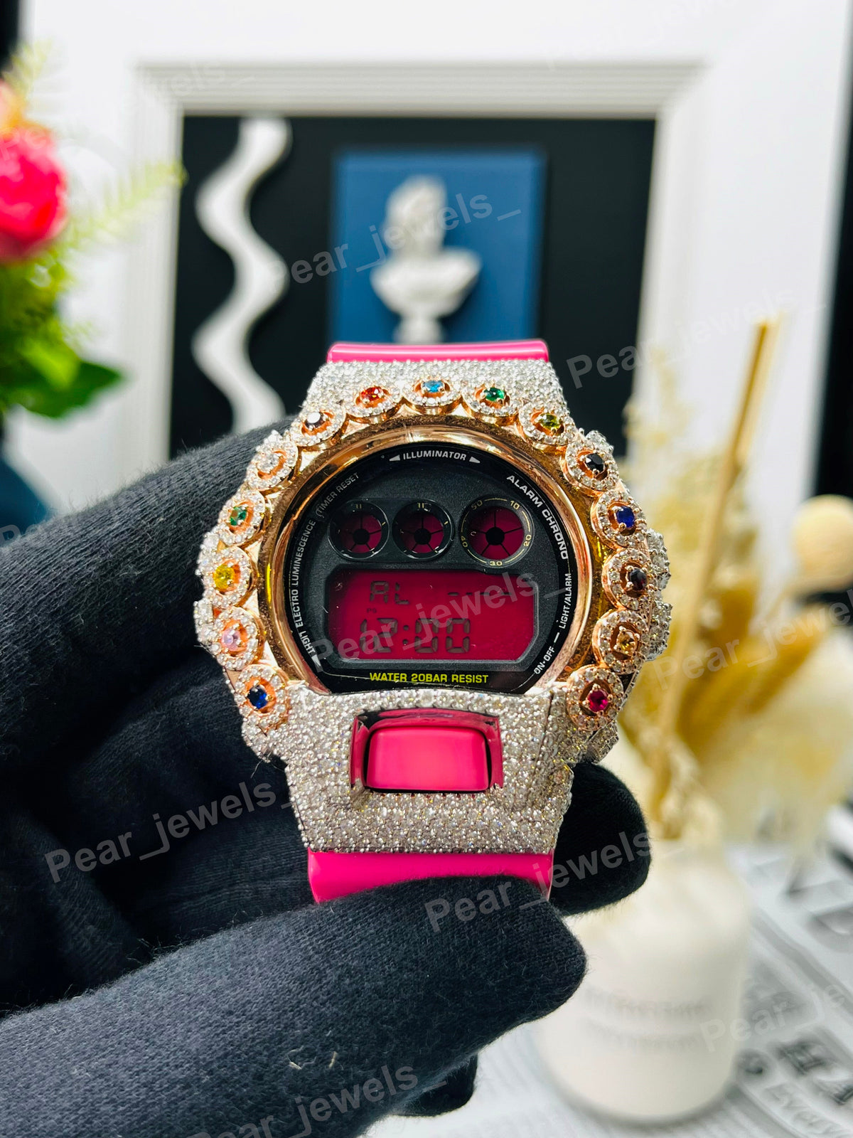 Iced Out Pink Rubber Band With VVS Round Diamond Bezel Watch