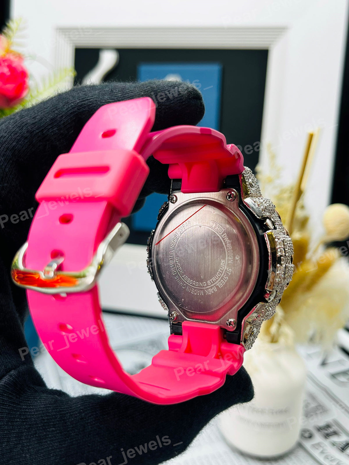 Iced Out Pink Rubber Band With VVS Round Diamond Bezel Watch