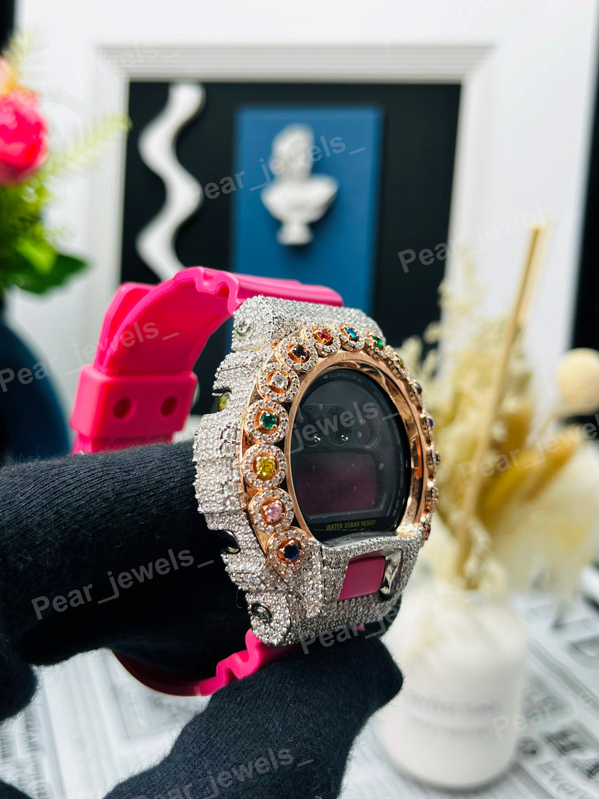 Iced Out Pink Rubber Band With VVS Round Diamond Bezel Watch