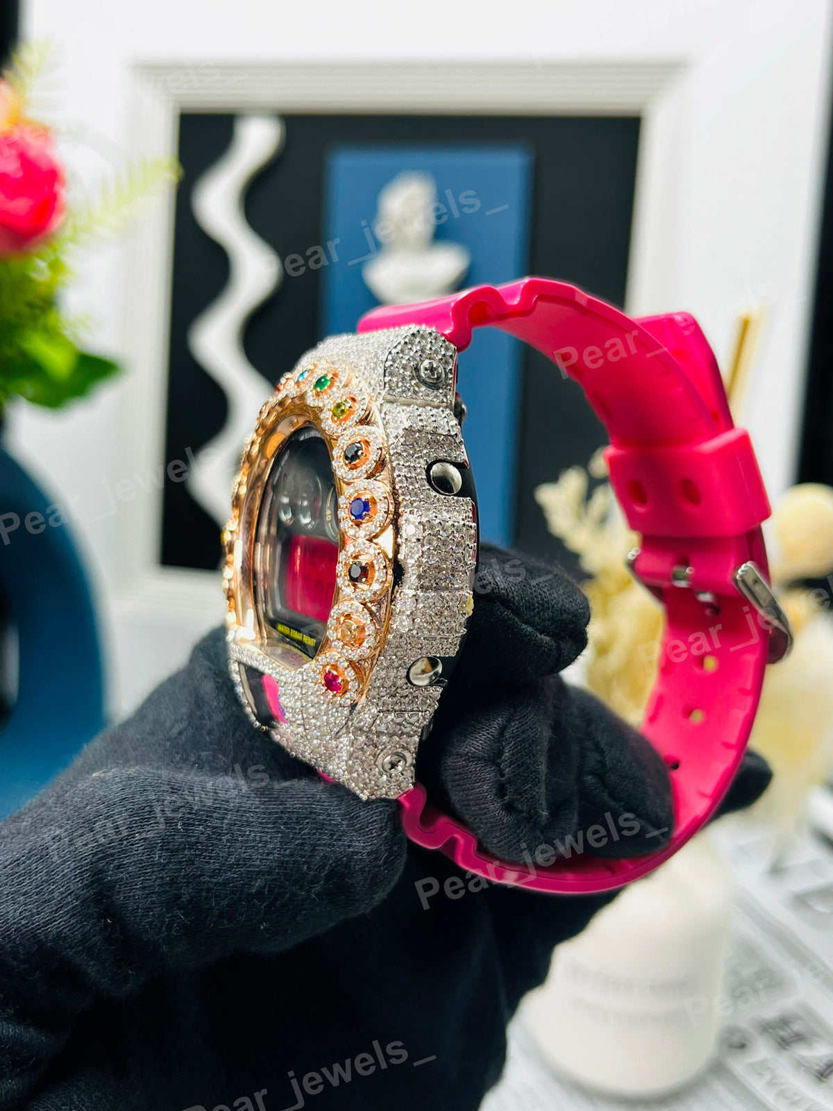 Iced Out Pink Rubber Band With VVS Round Diamond Bezel Watch