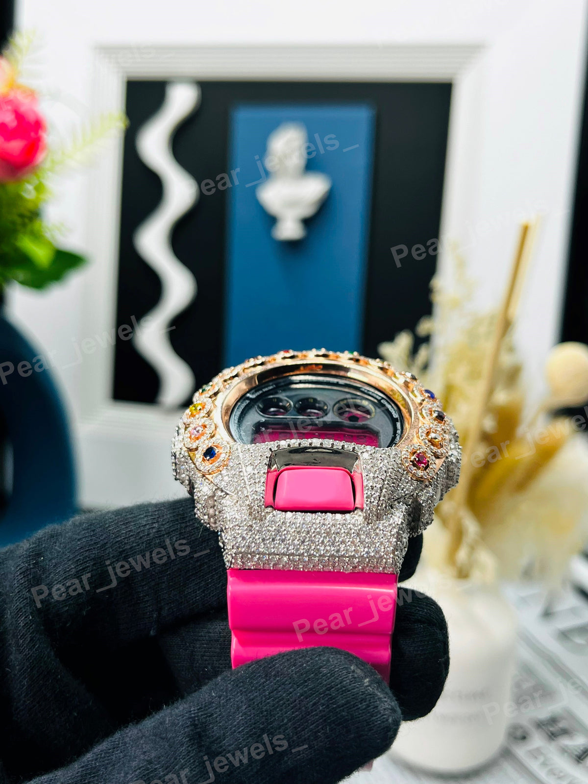 Iced Out Pink Rubber Band With VVS Round Diamond Bezel Watch