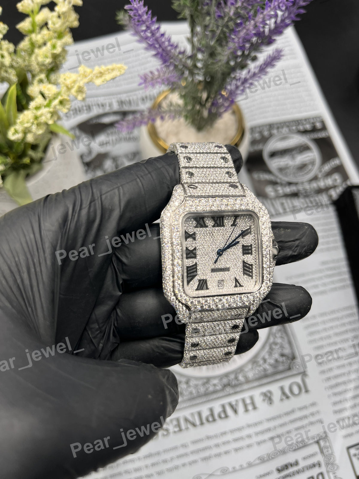 Iced Out Stainless Steel With VVS Moissanite Diamond Romen Dial Wrist Watch