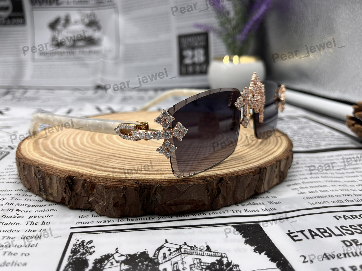Iced Out Cross Silver VVS Moissanite Diamond Rimless Luxury Sunglasses