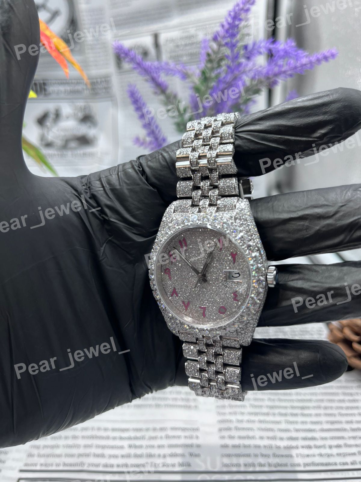 VVS Moissanite Diamodn Iced Out Arabic Case Dial Stainless Steel Wrist Watch