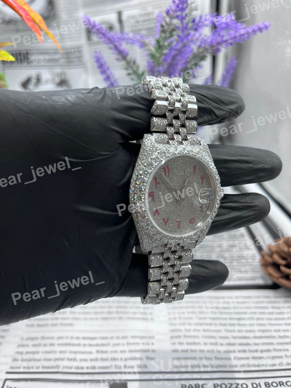 VVS Moissanite Diamodn Iced Out Arabic Case Dial Stainless Steel Wrist Watch