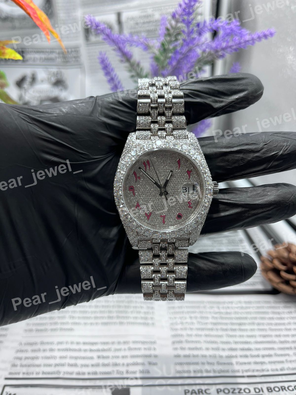 VVS Moissanite Diamodn Iced Out Arabic Case Dial Stainless Steel Wrist Watch