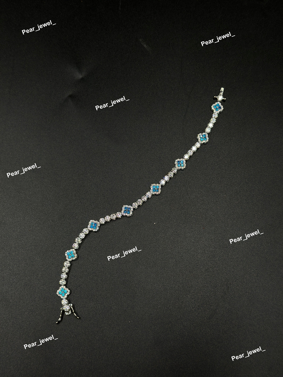 Blue Accent Iced Out Clover Tennis Bracelet VVS Moissanite Diamond Look Silver Shine