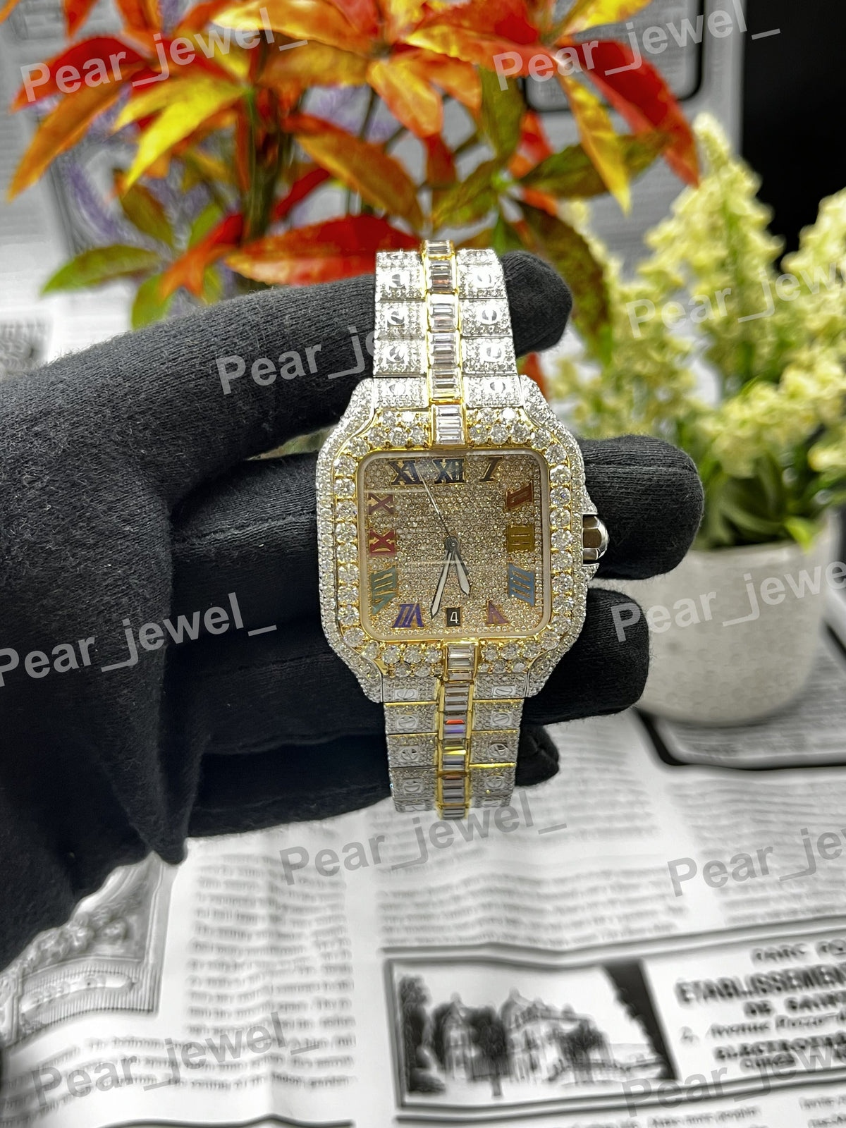 Stainless Steel Roman Case Dial Iced Out VVS Moissanite Diamond Wrist Watch