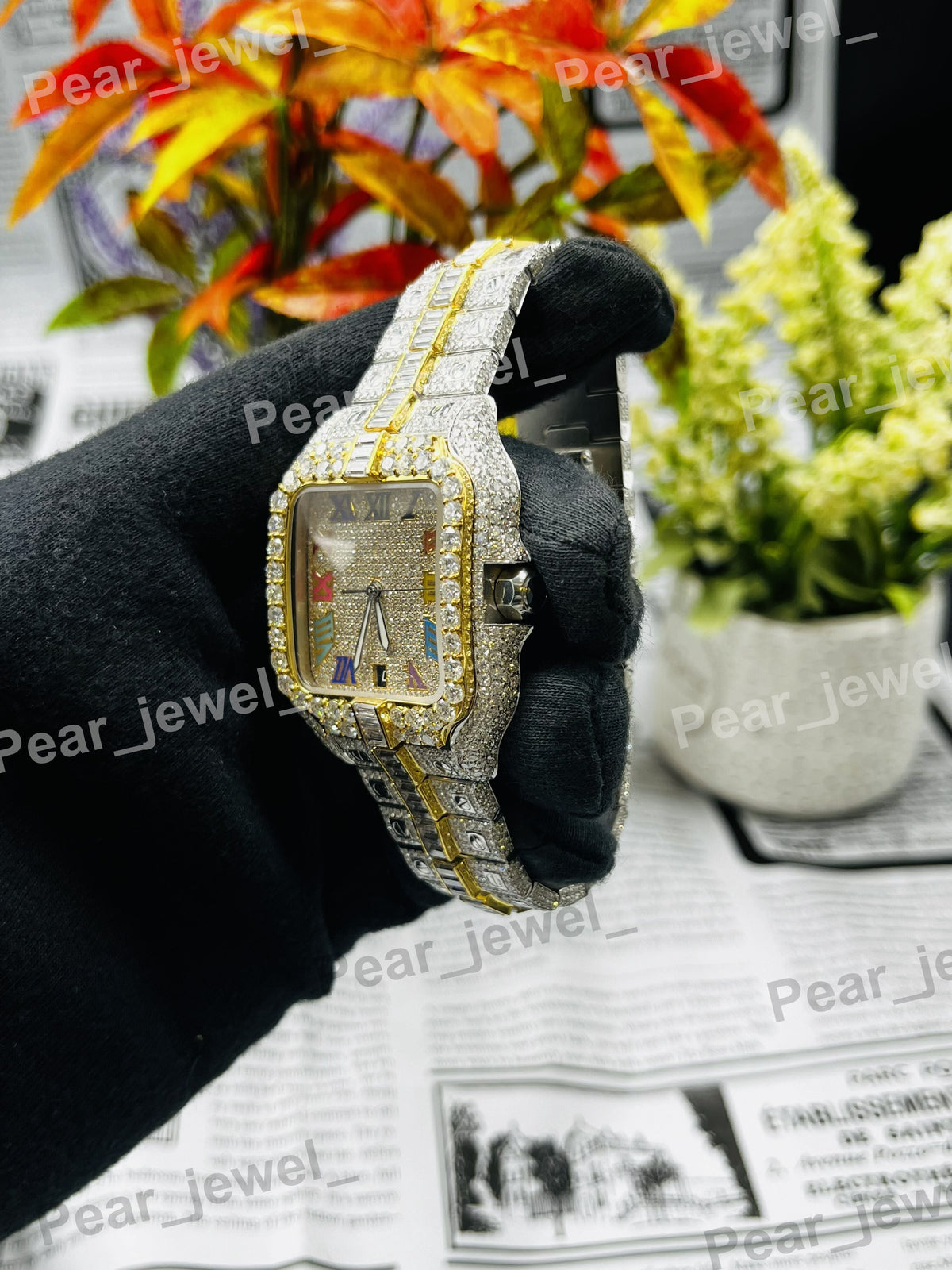 Stainless Steel Roman Case Dial Iced Out VVS Moissanite Diamond Wrist Watch