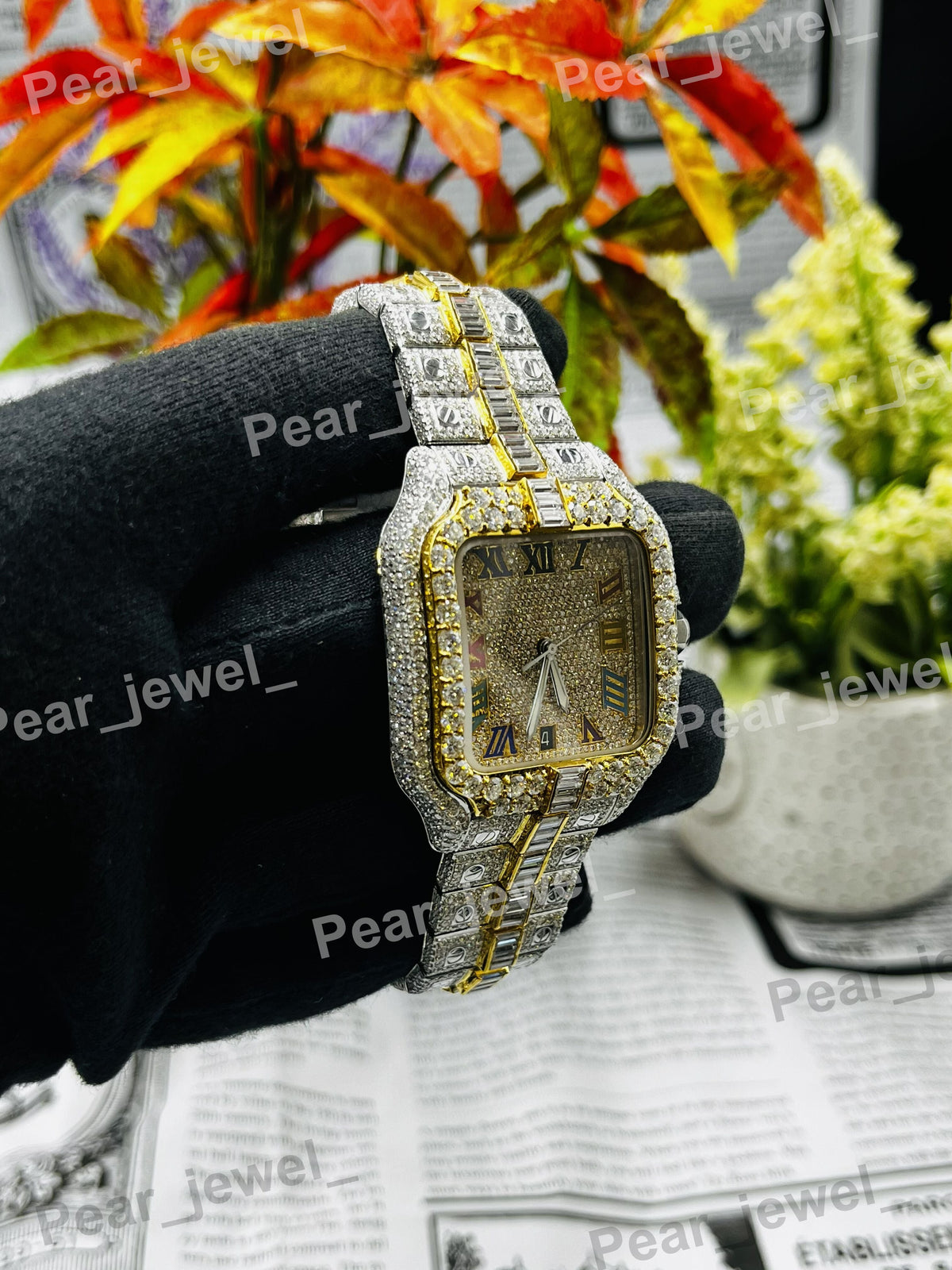 Stainless Steel Roman Case Dial Iced Out VVS Moissanite Diamond Wrist Watch