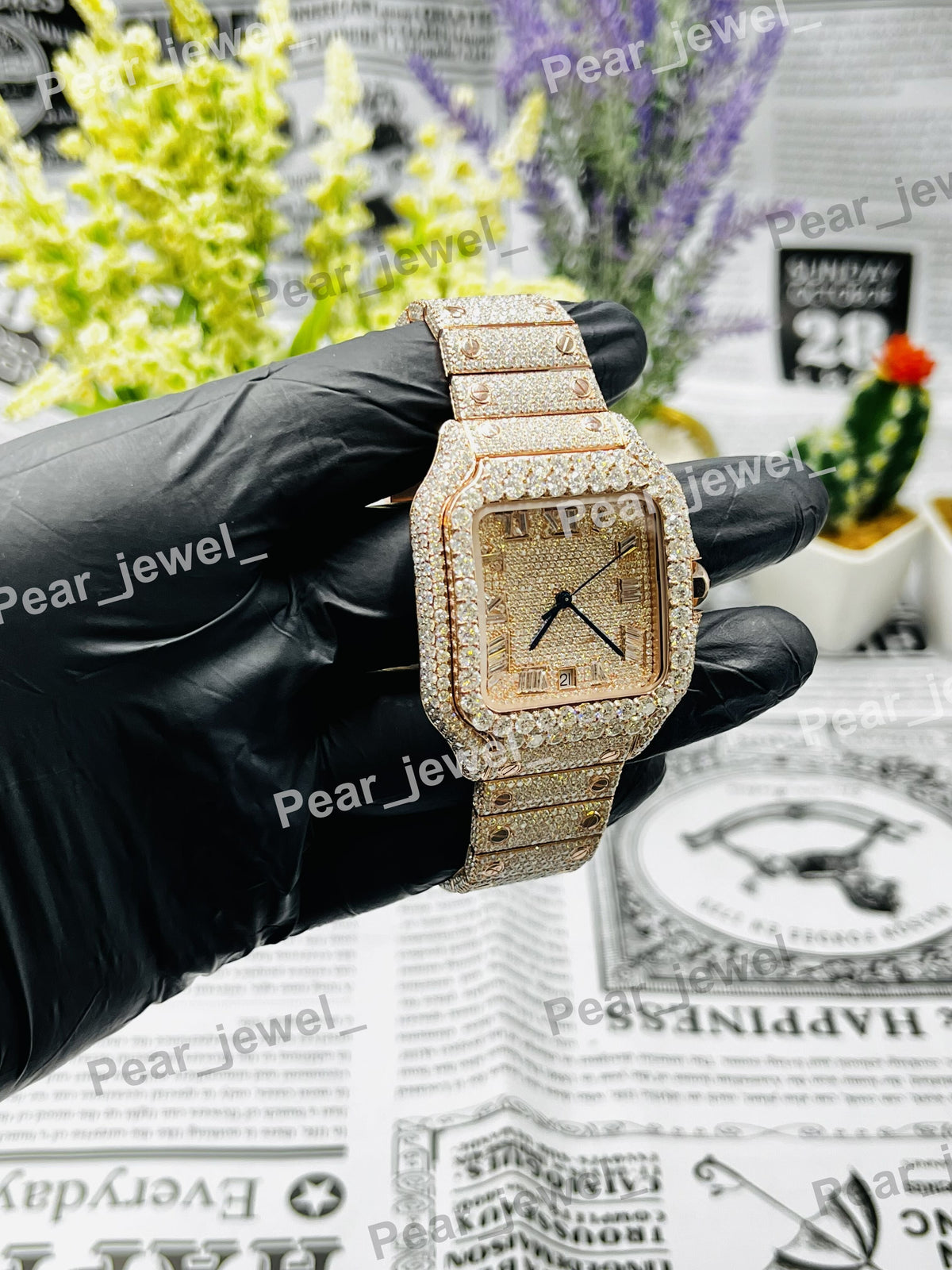 Stainless Steel Iced Out Moissanite Diamond Roman Date Dial Bust Down Watch