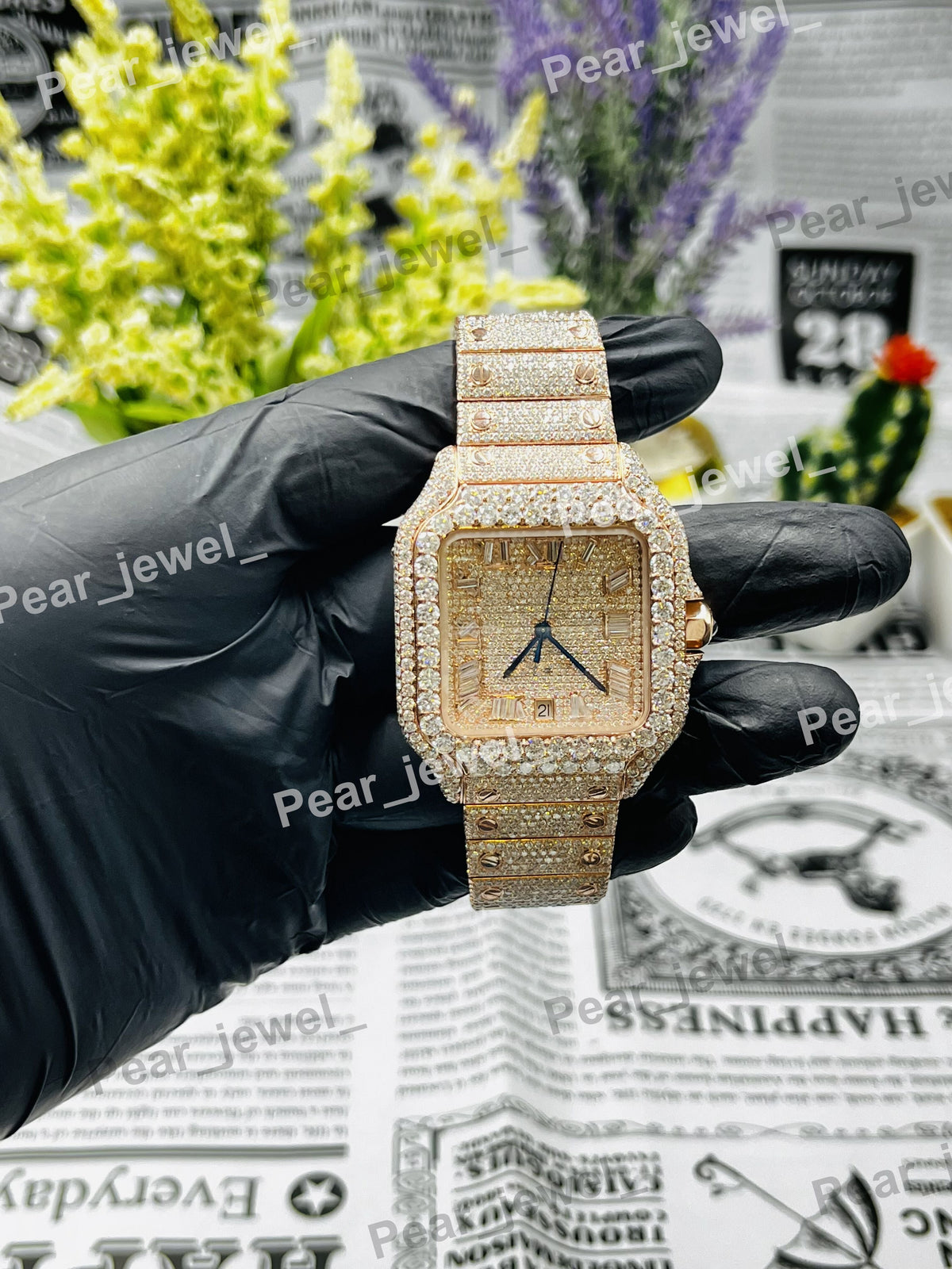 Stainless Steel Iced Out Moissanite Diamond Roman Date Dial Bust Down Watch