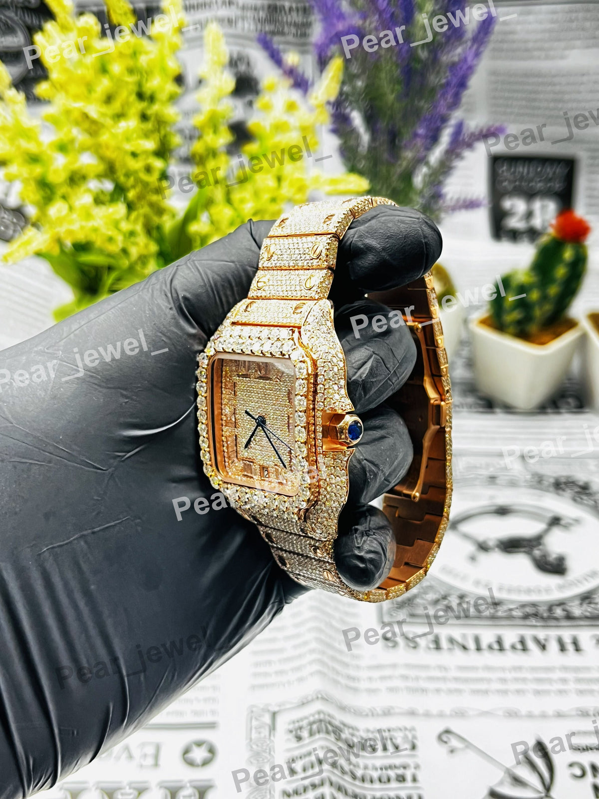 Stainless Steel Iced Out Moissanite Diamond Roman Date Dial Bust Down Watch