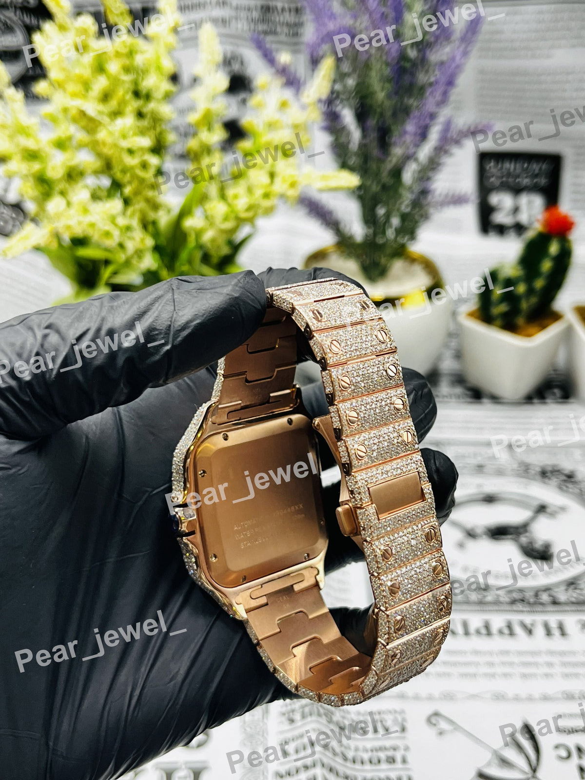 Stainless Steel Iced Out Moissanite Diamond Roman Date Dial Bust Down Watch
