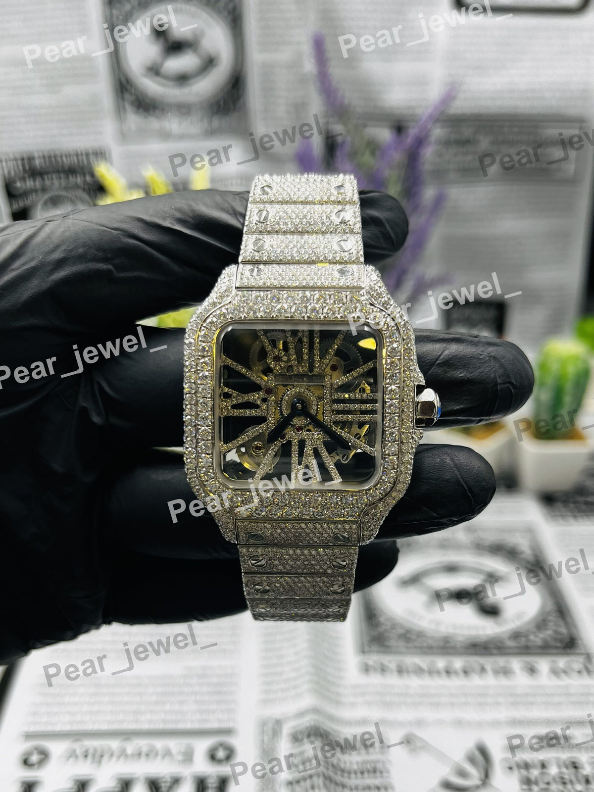 Iced Out Skeleton Stainless Steel VVS Moissanite Diamond Wrist Watch