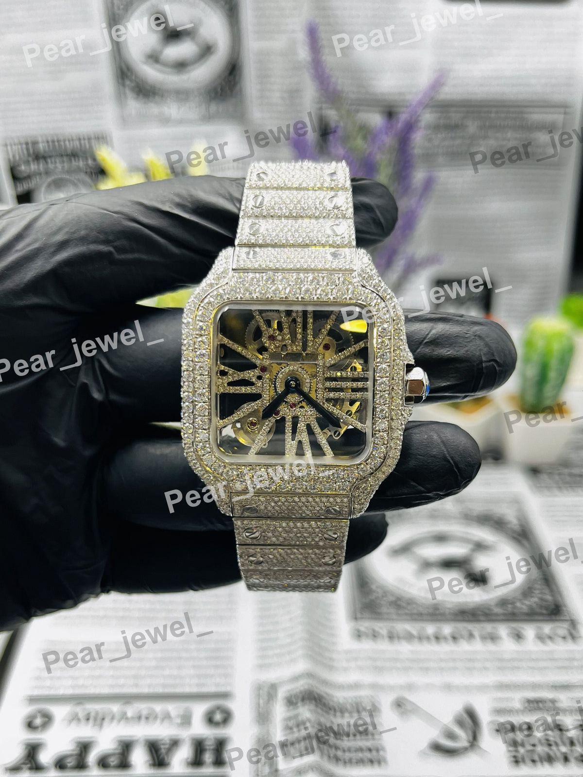 Iced Out Skeleton Stainless Steel VVS Moissanite Diamond Wrist Watch