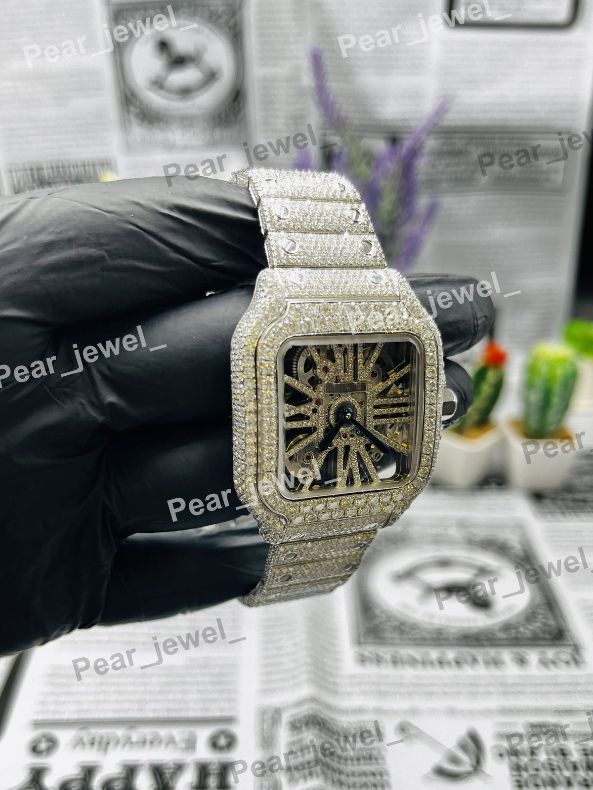 Iced Out Skeleton Stainless Steel VVS Moissanite Diamond Wrist Watch