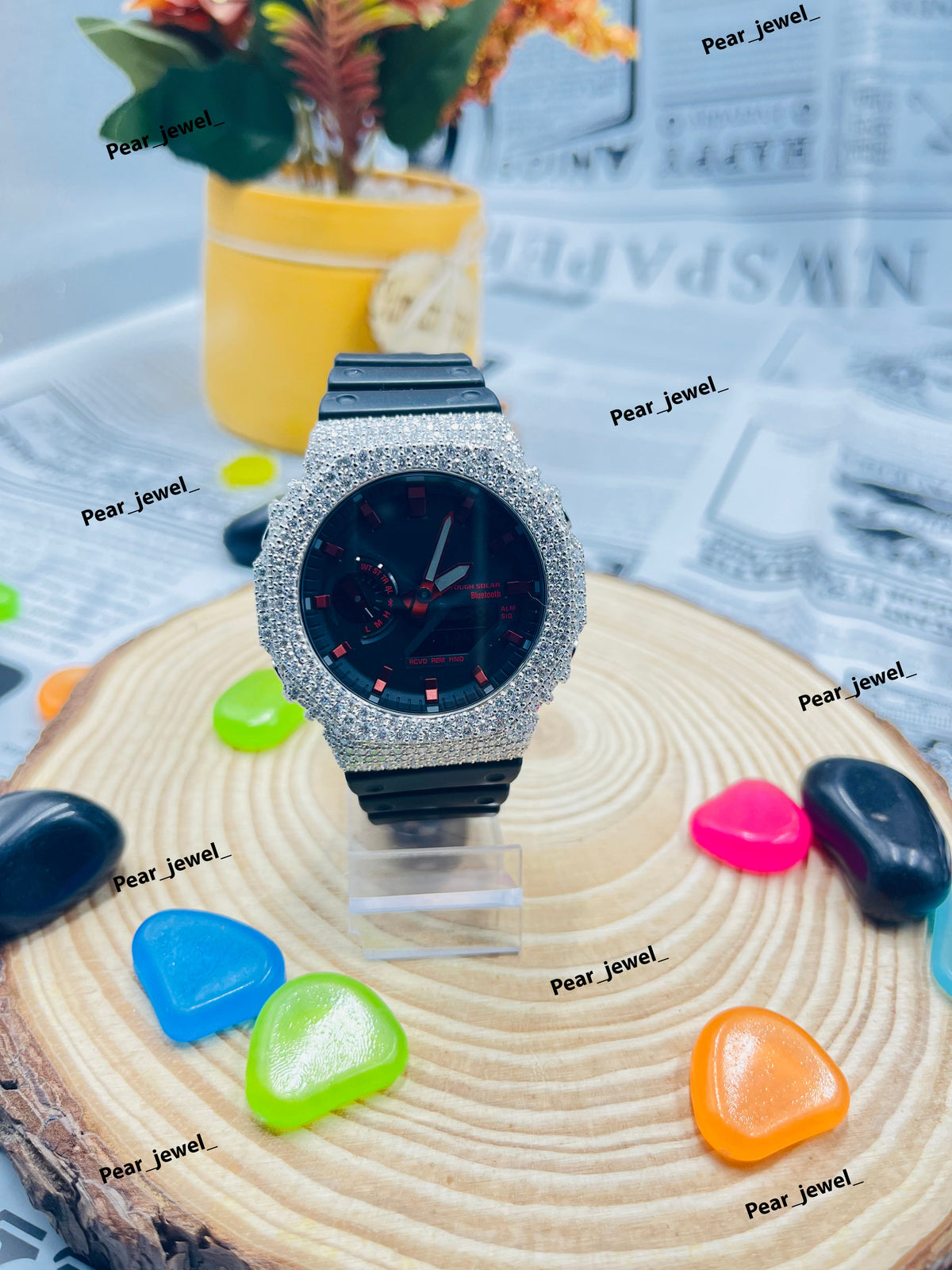 Iced Out Black Analog Watch Moissanite Diamond Look Bezel Luxury Street style