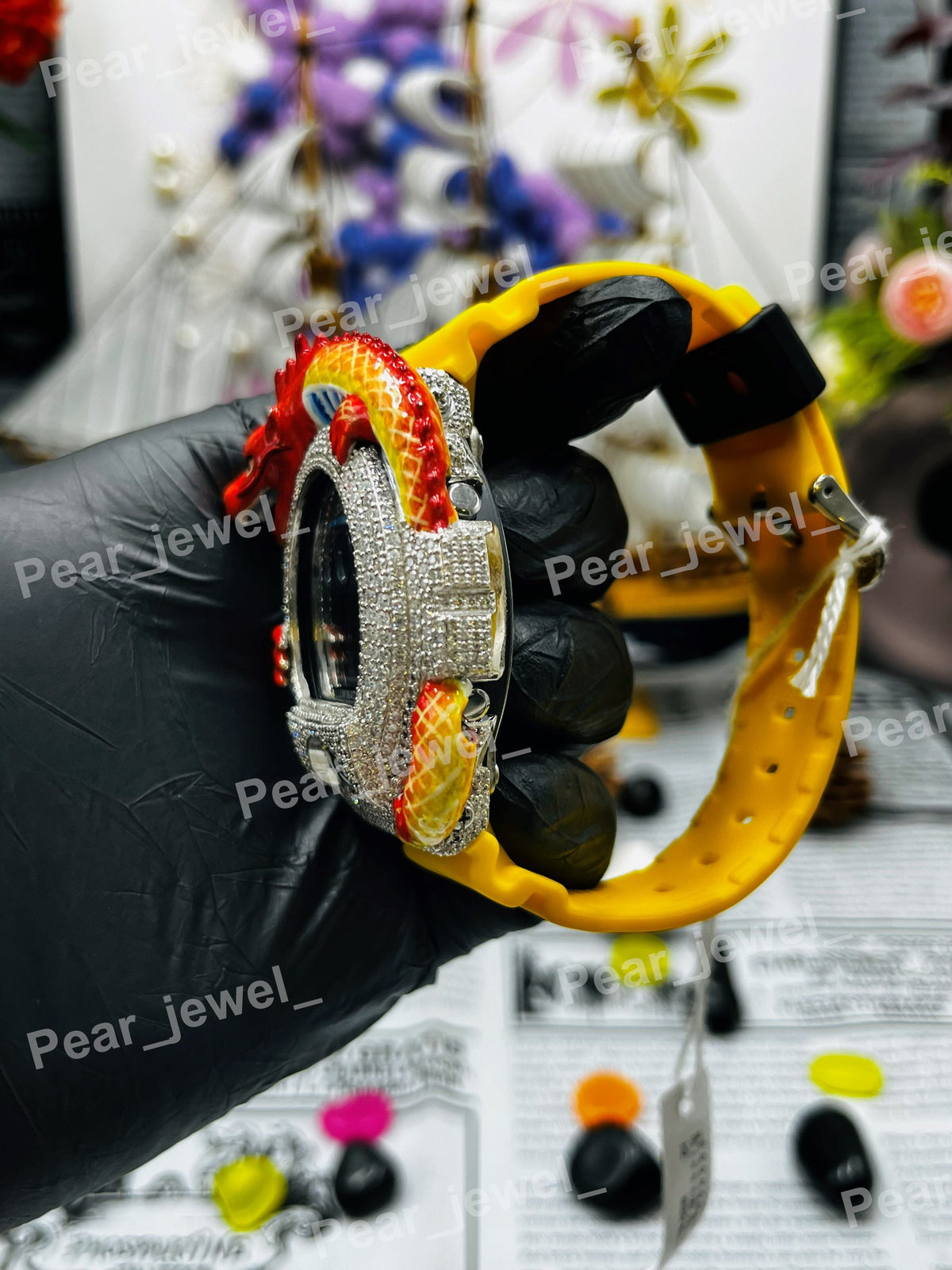 Iced Out Moissanite Diamond Style Red Dragon Hip Hop Bust Down Watch For Party Wear