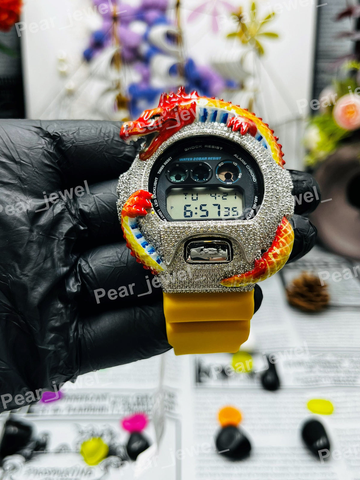 Iced Out Moissanite Diamond Style Red Dragon Hip Hop Bust Down Watch For Party Wear